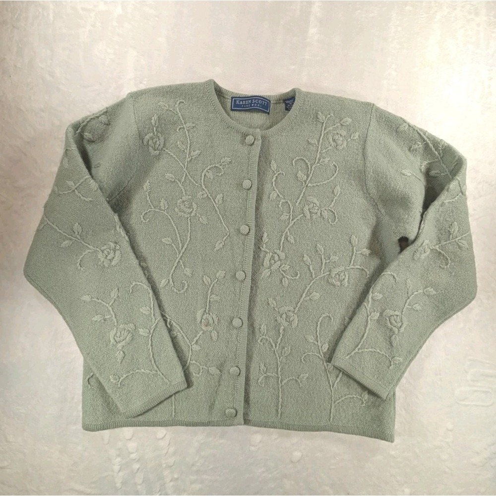 VTG Karen Scott Pure Wool Cardigan Sweater Medium Green Raised Floral Grandma - Picture 2 of 11